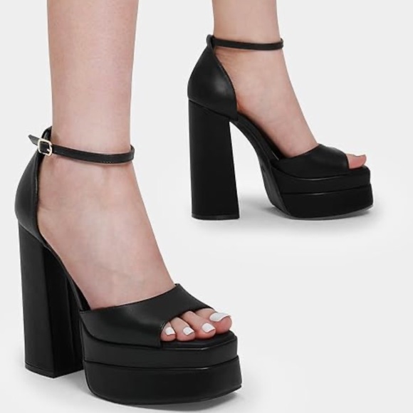 DREAM PAIRS black double platform chunky open toe high heels NWOB - Picture 1 of 10